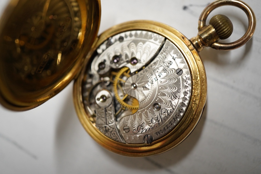 An early 20th century Swiss 18k and blue enamel half hunter keyless fob watch, with Roman chapter ring and dial, the movement signed 'Riverside', case diameter 35mm, gross weight 34 grams, now mounted in a leather watch